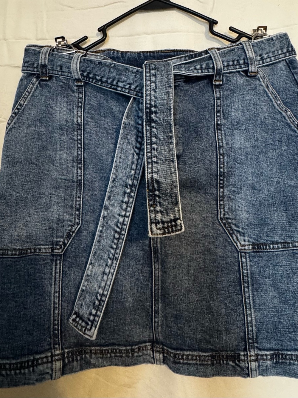 High-Rise Washed Denim Mini Skirt with Self-Tie Belt - Blue